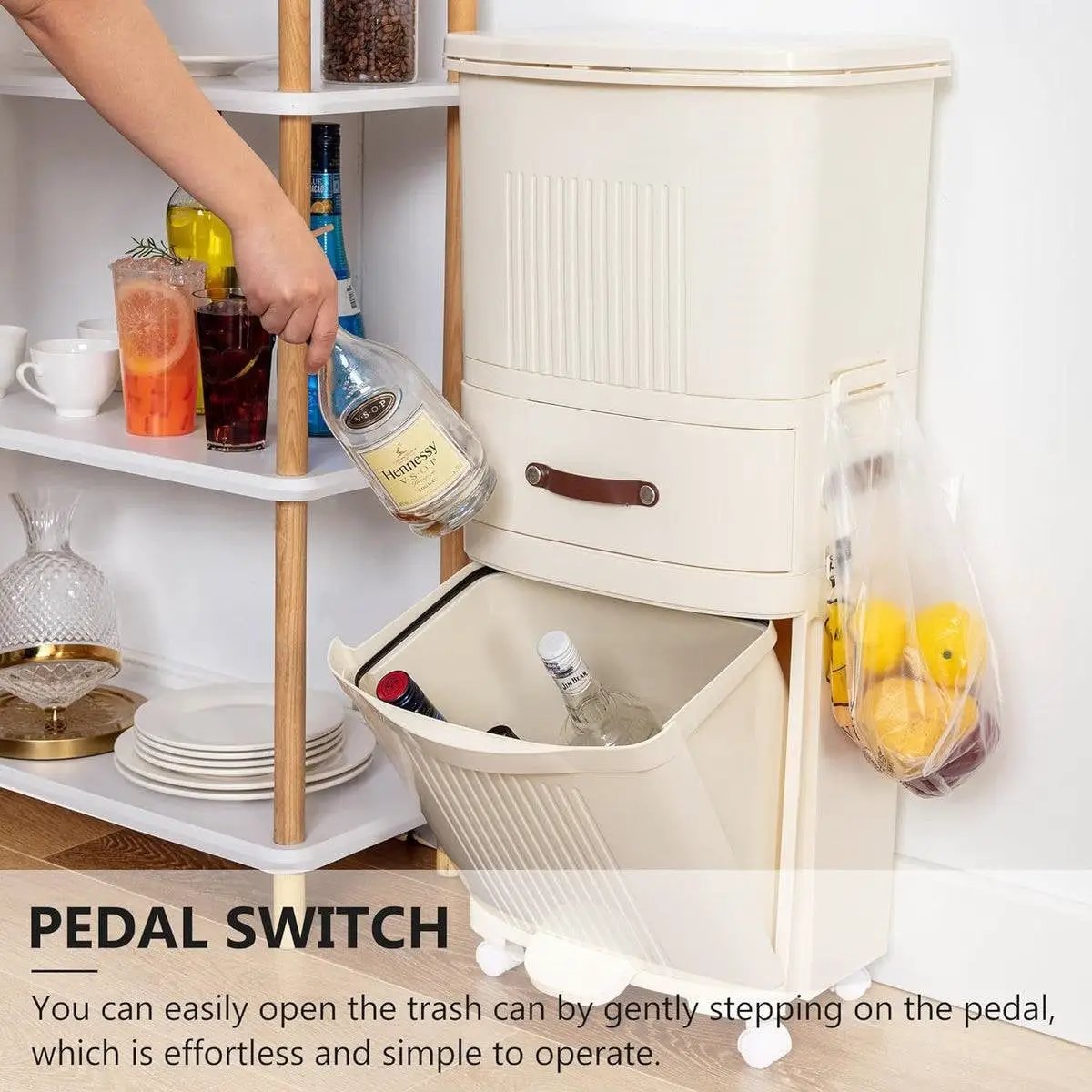 12-Gallon Elevated Trash Can Recycle Bin with Lid on Wheels in Cream by HomePacific