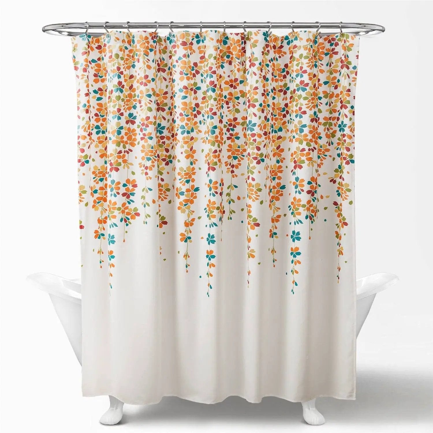 72-inch White Turquoise Blue Orange Floral Flowers Shower Curtain by HomePacific