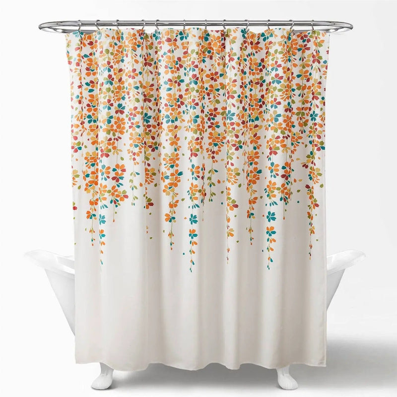 72-inch White Turquoise Blue Orange Floral Flowers Shower Curtain by HomePacific