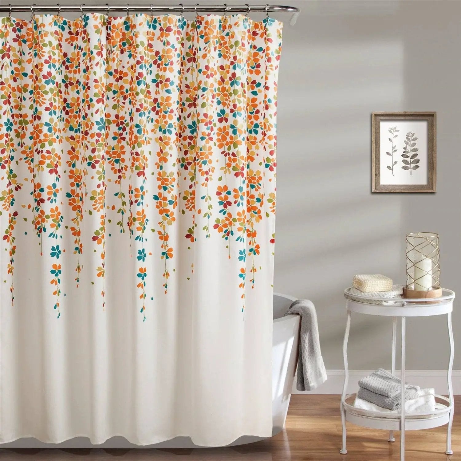 72-inch White Turquoise Blue Orange Floral Flowers Shower Curtain by HomePacific