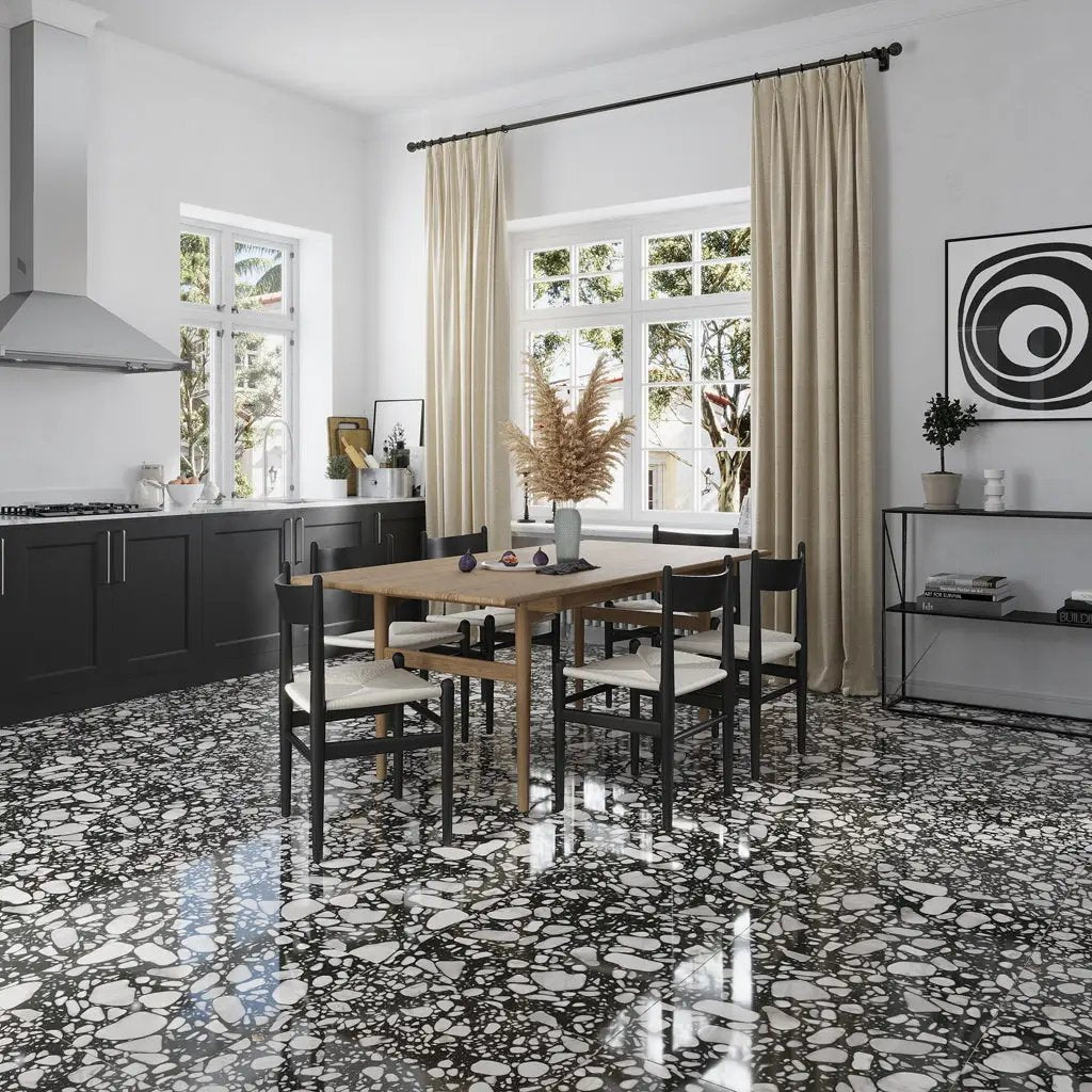 Jet Black 24x24 Polished Square Terrazzo Large Format Tile (4 pack, 15.5 sq ft/case) by Apollo Tile