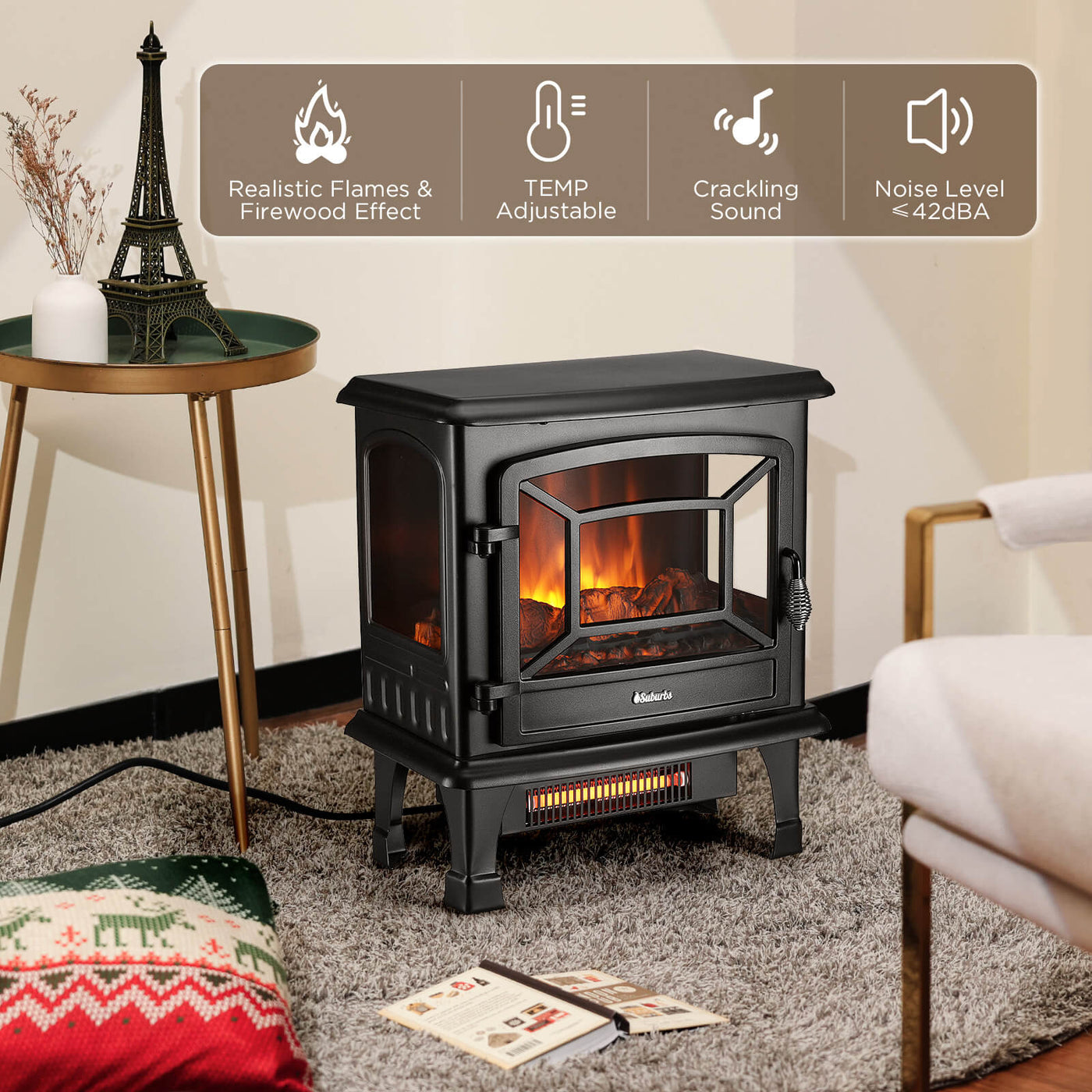 Suburbs TS20-SD Electric Fireplace Stove Heater with Sound by TURBRO