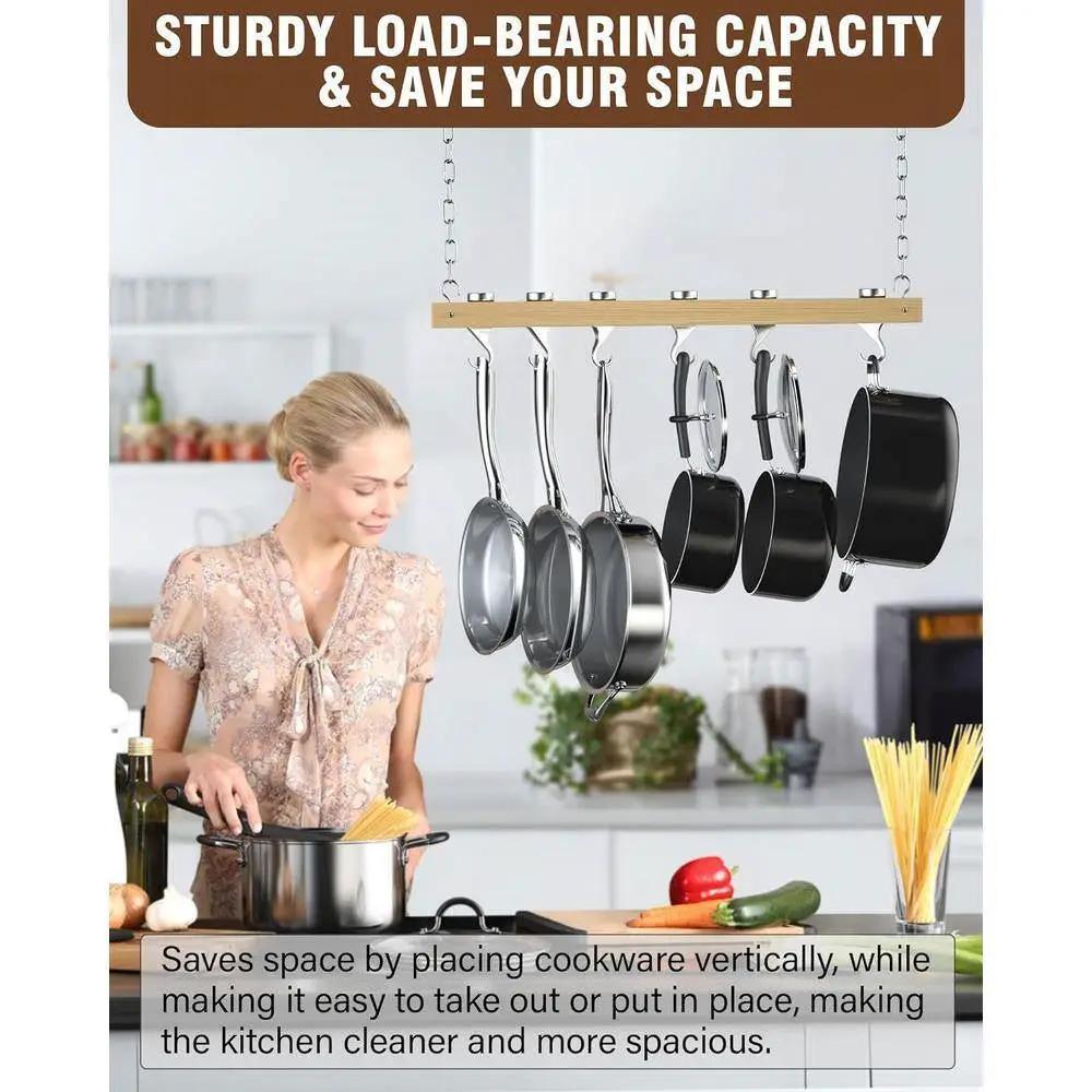 Ceiling Mounted 36-inch Wooden Pot Rack with 4 Pan Hanging Hooks and 2 Swivel Hooks by HomePacific