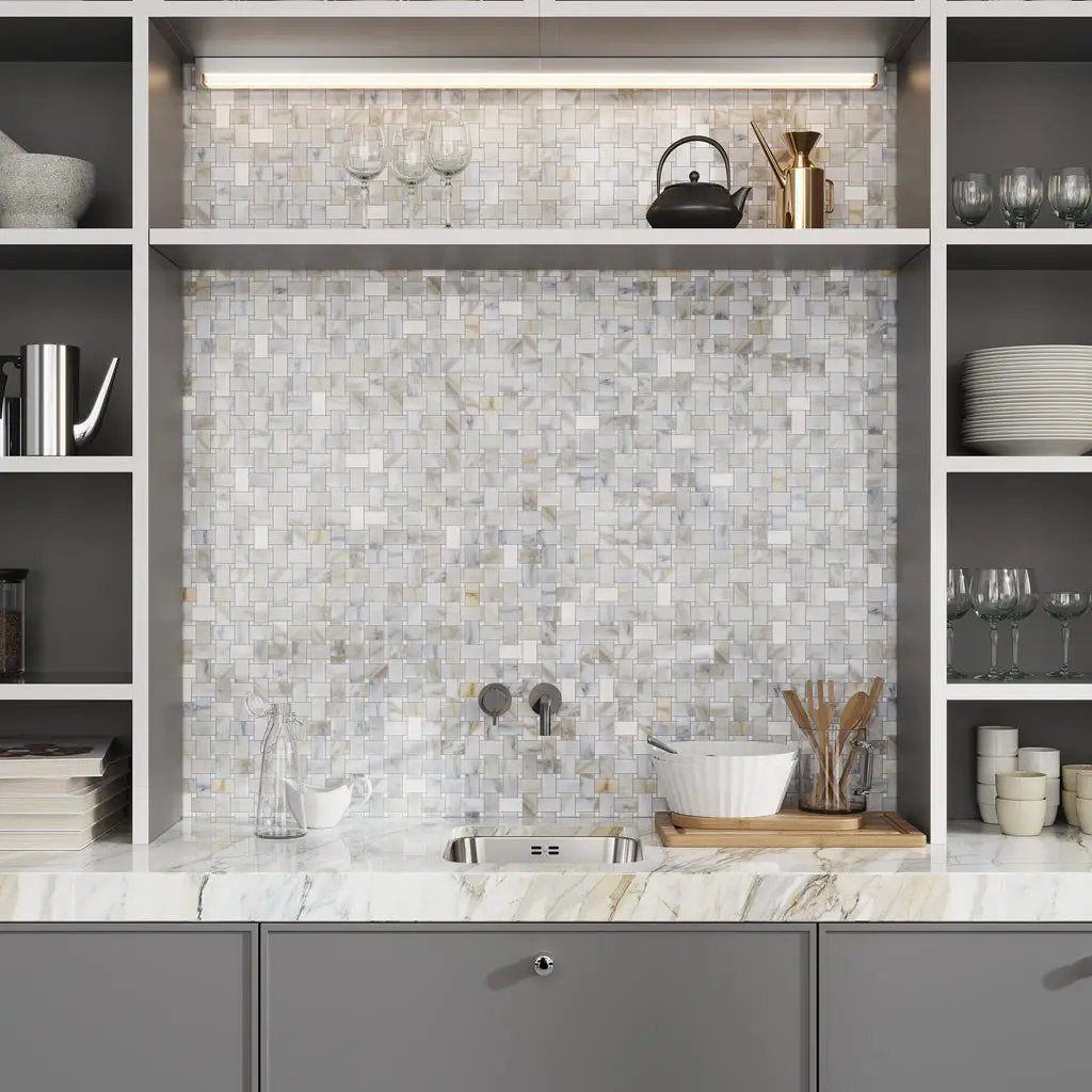 White Gray 12x12 Polished Basketweave Calacatta Gold Thassos Marble Mosaic Tile (5 pack, 5 sq ft/case) by Apollo Tile