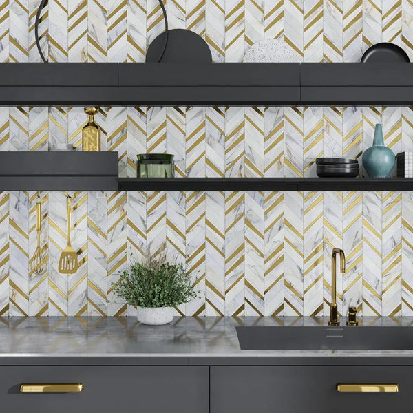 White Gray with Gold 12x12 Polished Chevron Calacatta Gold Brass Marble Mosaic Tile (5 pack, 5 sq ft/case)