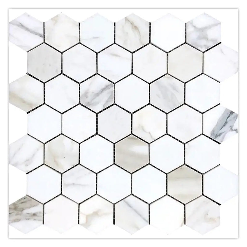 White Gray 12x12 Polished Hexagon Calacatta Gold Marble Mosaic Tile (5 pack, 4.83 sq ft/case)
