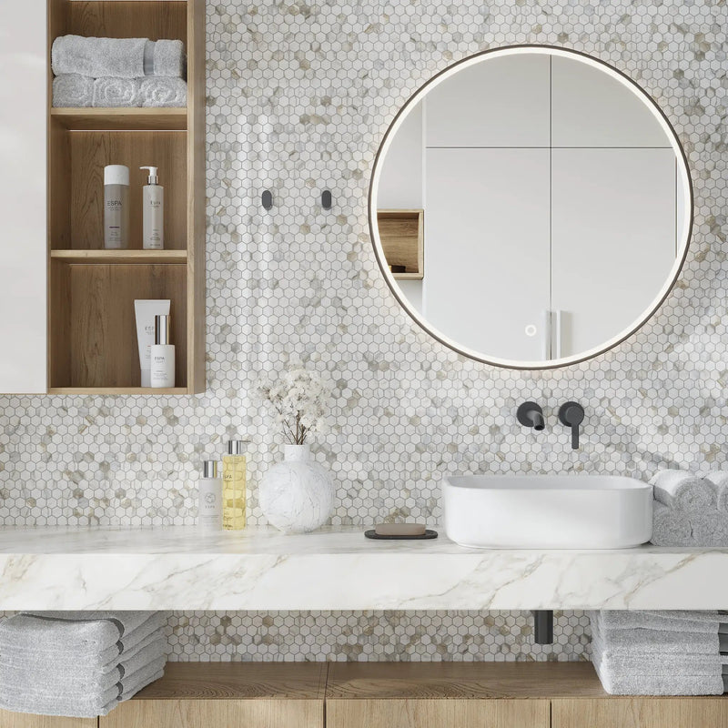 White Gray 11x12 Polished Hexagon Calacatta Gold Marble Mosaic Tile (5 pack, 4.55 sq ft/case) by Apollo Tile