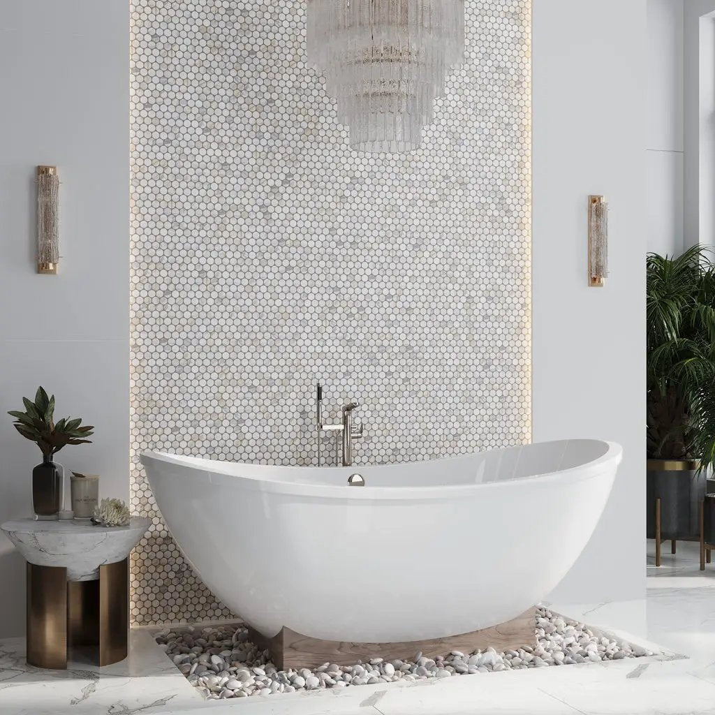 White Gray 11x12 Polished Penny Round Calacatta Gold Marble Mosaic Tile (5 pack, 4.47 sq ft/case) by Apollo Tile