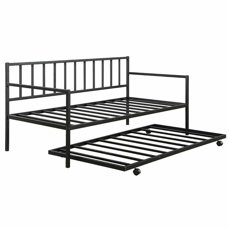 Twin size Black Metal Daybed with Roll-out Trundle Bed Frame by HomePacific