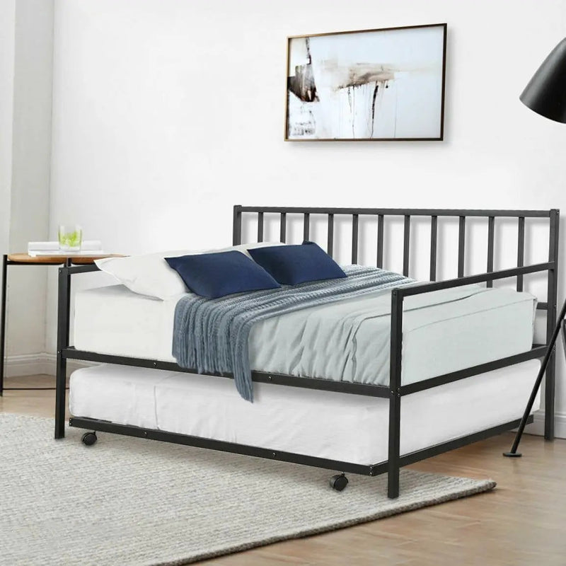 Twin size Black Metal Daybed with Roll-out Trundle Bed Frame by HomePacific