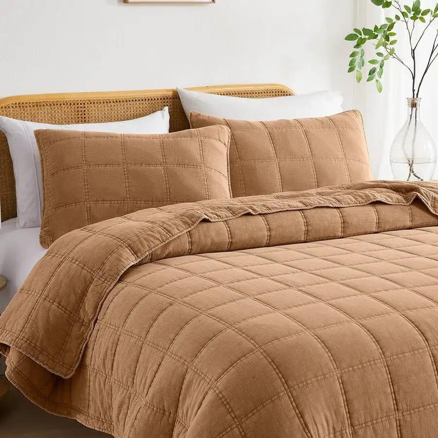 Full/Queen Size 3-Piece Taupe Brown Sienna Faded Stone Washed Cotton Quilt Set by HomePacific