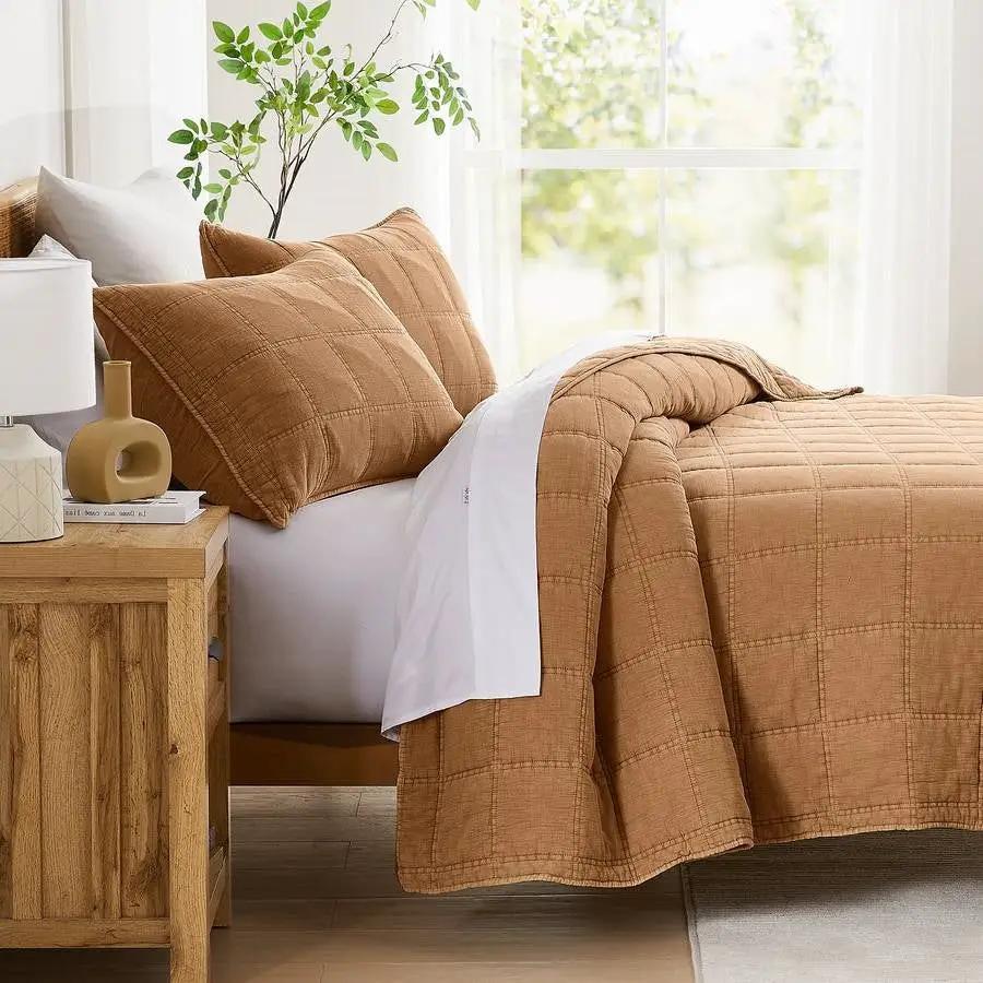 Full/Queen Size 3-Piece Taupe Brown Sienna Faded Stone Washed Cotton Quilt Set by HomePacific