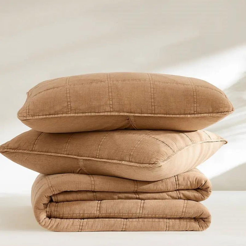Full/Queen Size 3-Piece Taupe Brown Sienna Faded Stone Washed Cotton Quilt Set by HomePacific