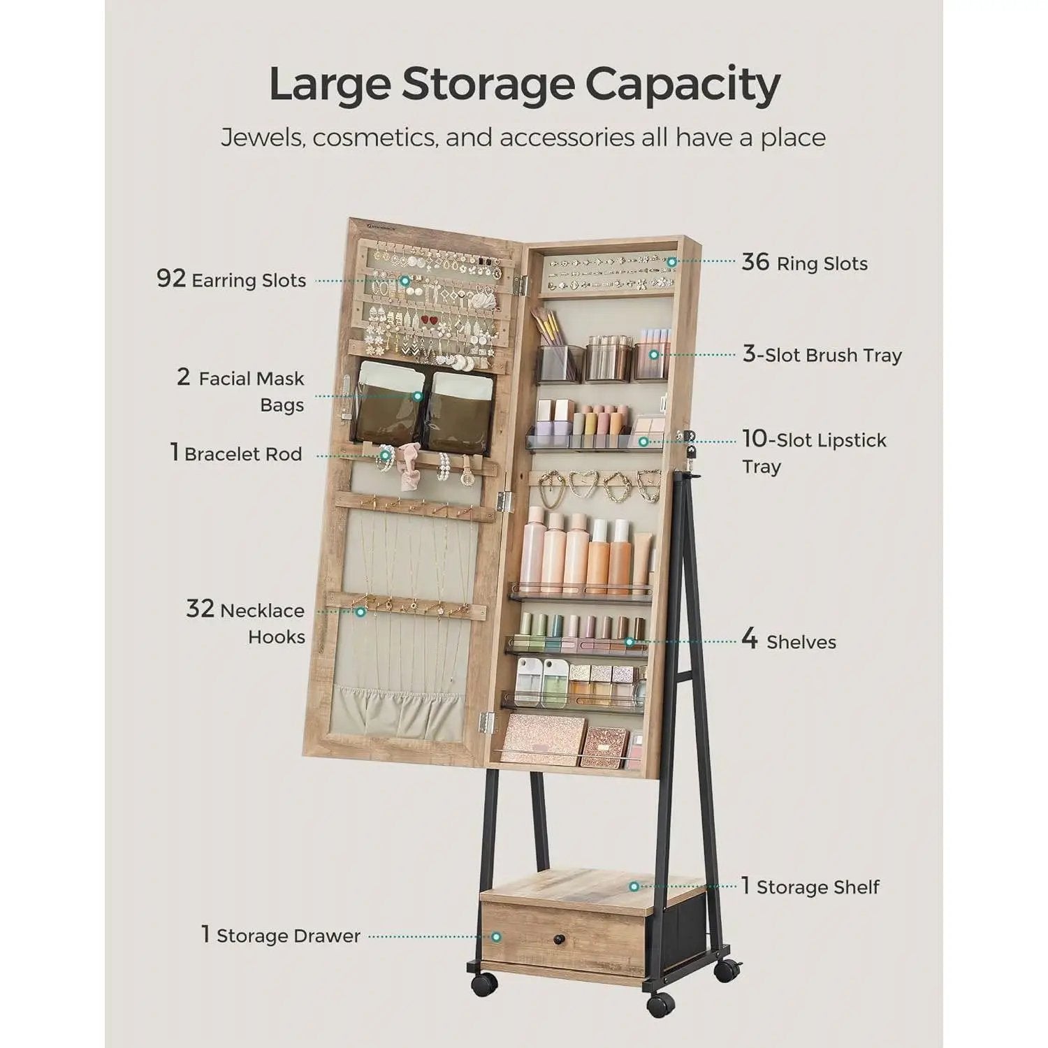 Industrial Modern Metal Wood Jewelry Armoire Cabinet Organizer Mirror on Wheels by HomePacific