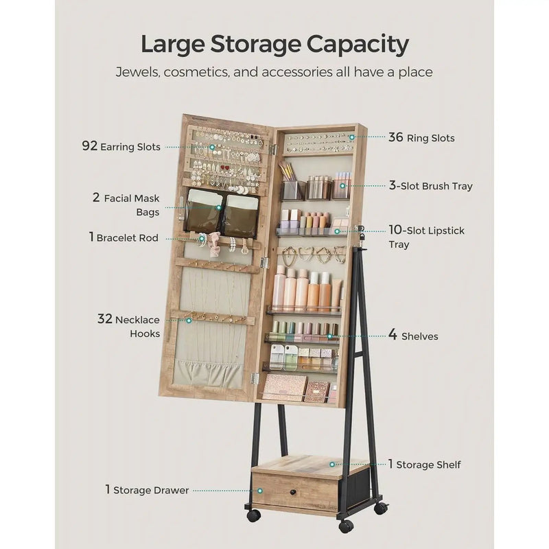 Industrial Modern Metal Wood Jewelry Armoire Cabinet Organizer Mirror on Wheels by HomePacific