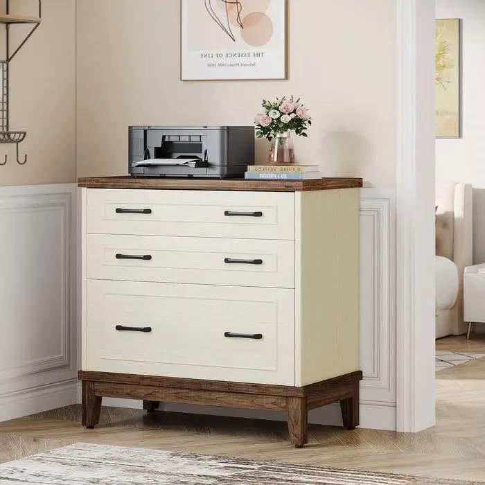 Vintage White/Rustic Brown 3 Drawer Filing Cabinet Printer Stand by HomePacific