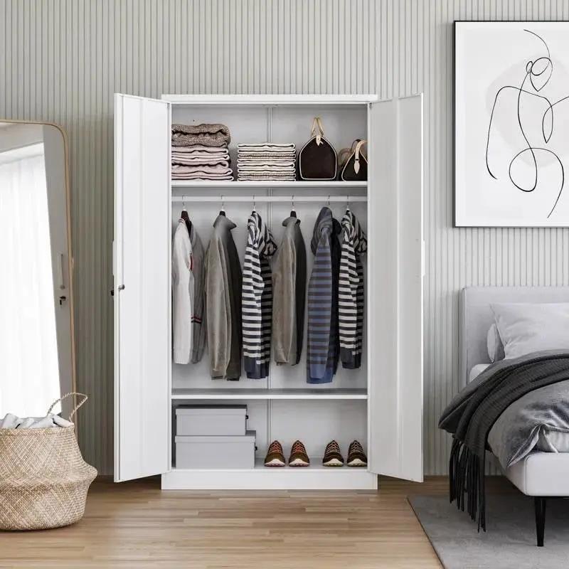 White Metal Locking Wardrobe Armoire Cabinet with Clothing Hanging Rod by HomePacific
