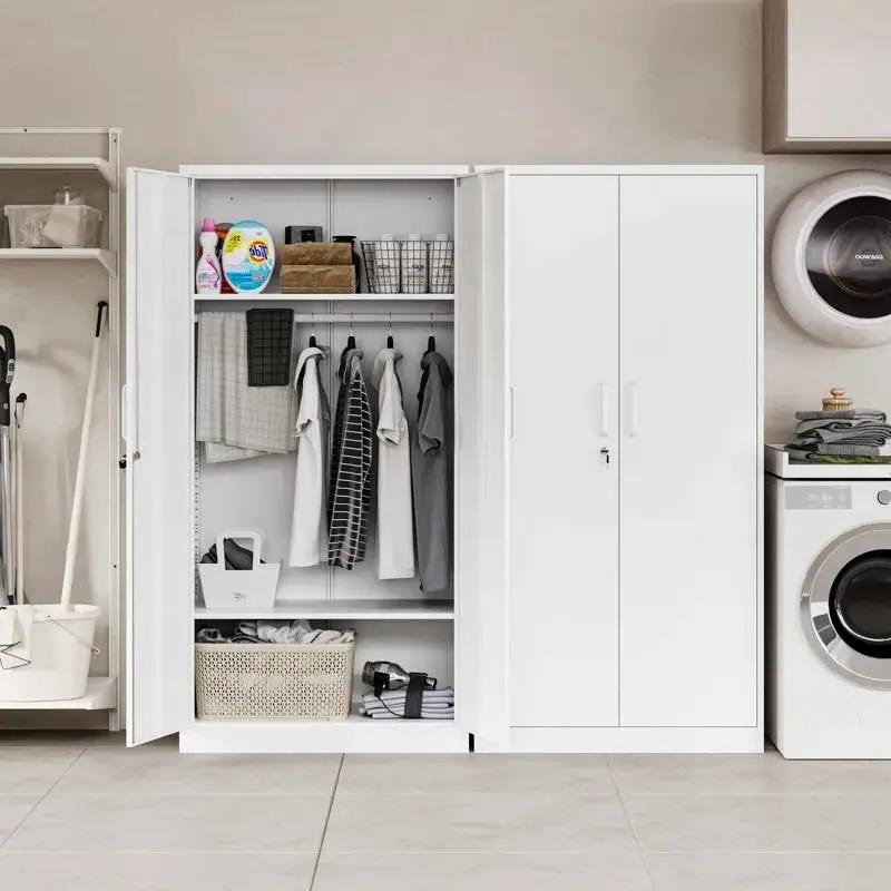 White Metal Locking Wardrobe Armoire Cabinet with Clothing Hanging Rod by HomePacific