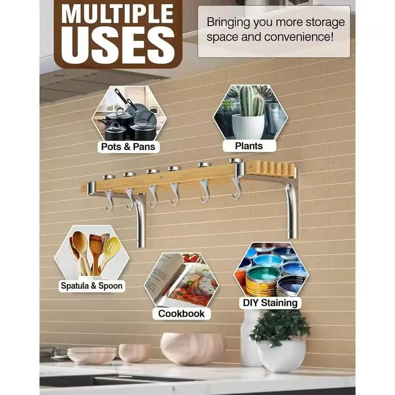 36-inch x 8-inch Wall Mounted Metal Wood Pot Rack with 6 Swivel Hooks by HomePacific