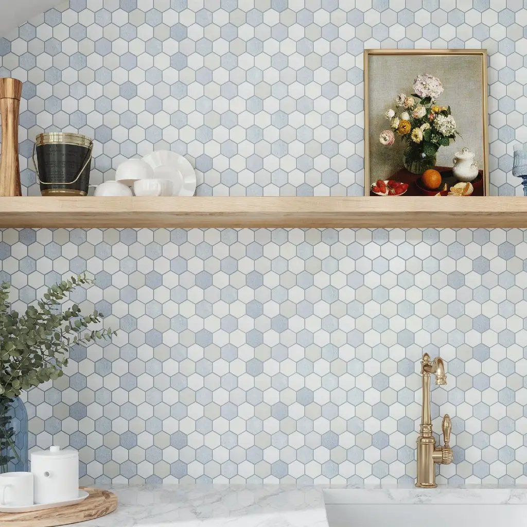 Thassos, Blue Celeste, Paper White 12x12 Polished Hexagon Marble Mosaic Tile (5 pack, 4.83 sq ft/case) by Apollo Tile