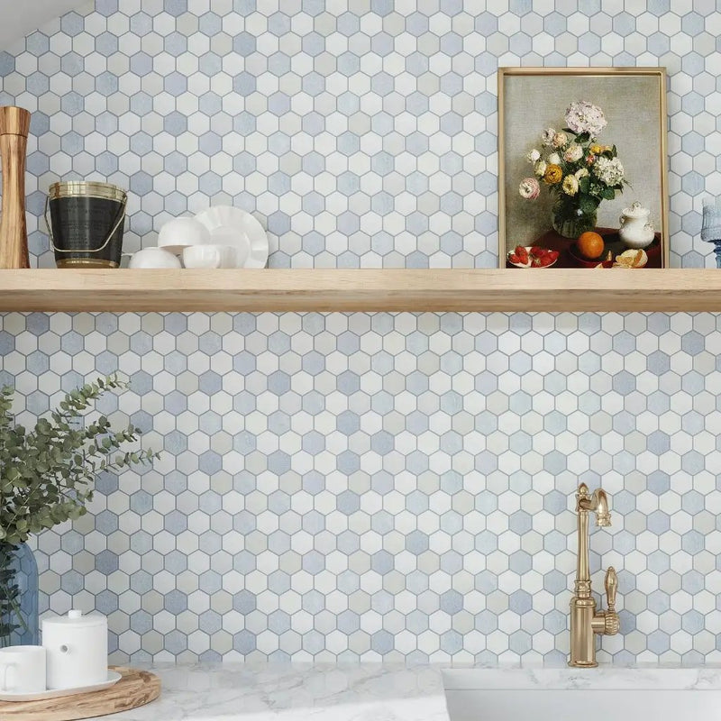 Thassos, Blue Celeste, Paper White 12x12 Polished Hexagon Marble Mosaic Tile (5 pack, 4.83 sq ft/case) by Apollo Tile
