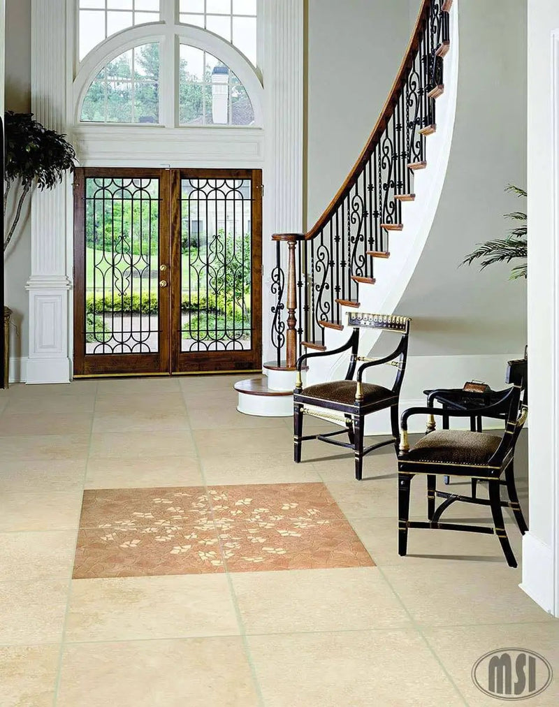 Tuscany Ivory Tumbled Pattern Travertine Pavers in a finished room
