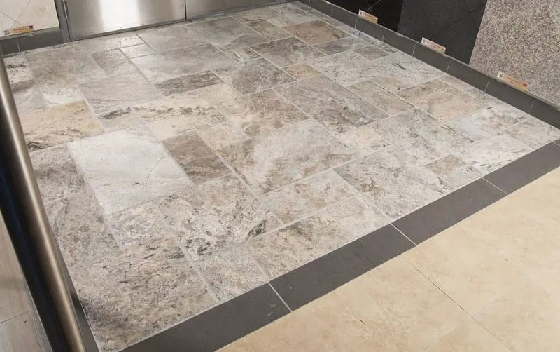 Silver Travertine Honed Mosaics 2x4 in a finished room