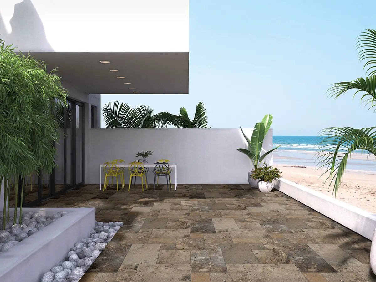 Silver Travertine Tumbled Pavers 24x24 in a finished room