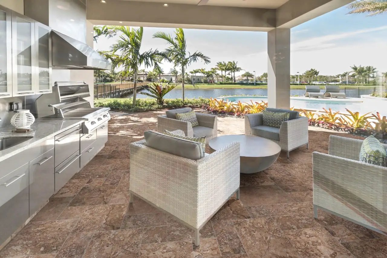 Tuscany Walnut Tumbled Travertine Pavers 16x24 in a finished room