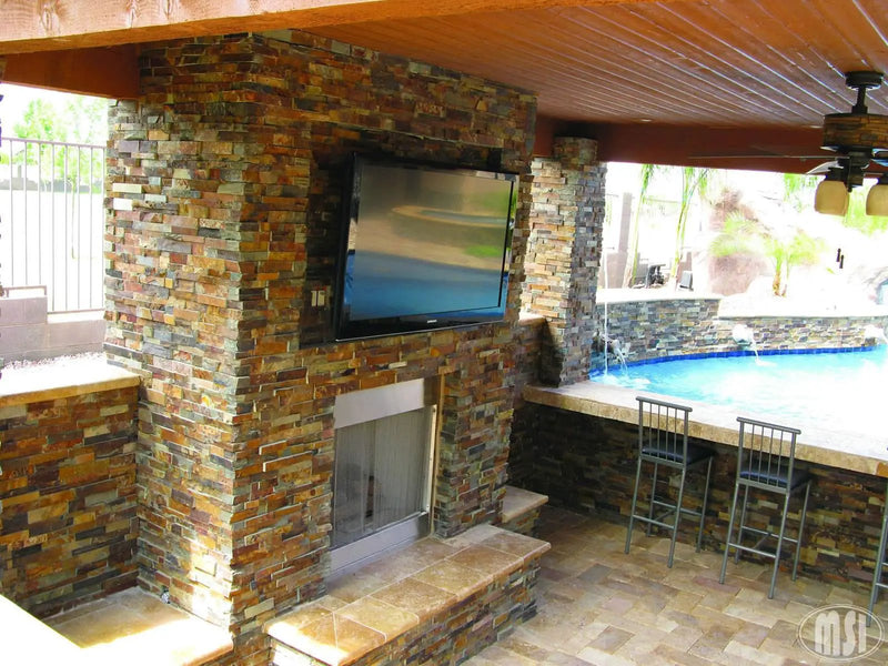 Tuscany Walnut Tumbled Travertine Pavers 16x24 in a finished room