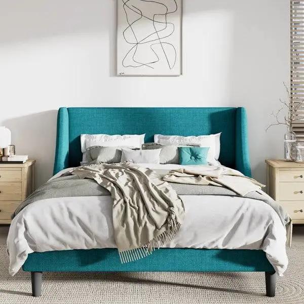 Full Size Turquoise Linen Blend Upholstered Platform Bed with Wingback Headboard by HomePacific