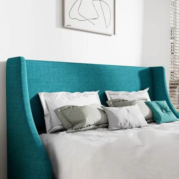 King Size Upholstered Linen Blend Headboard Wingback Platform Bed in Turquoise by HomePacific