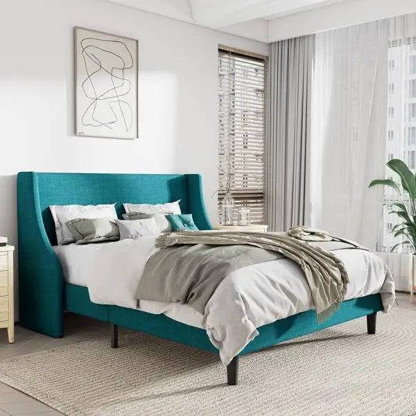 Queen Size Turquoise Linen Blend Upholstered Platform Bed with Wingback Headboard by HomePacific
