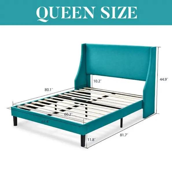 Queen Size Turquoise Linen Blend Upholstered Platform Bed with Wingback Headboard by HomePacific