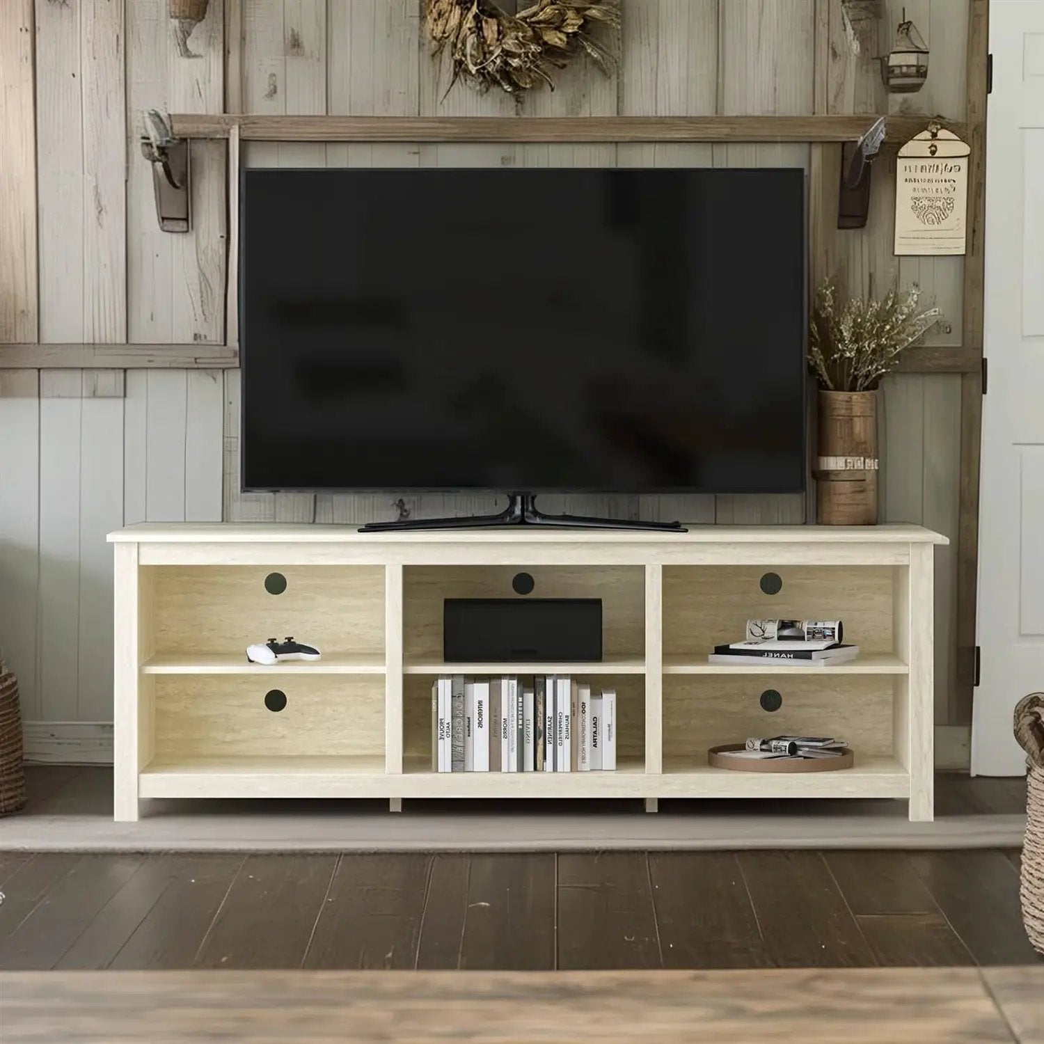 Farmhouse TV Stand in Light Travertine Wood Finish - for TVs up to 70-inch by HomePacific