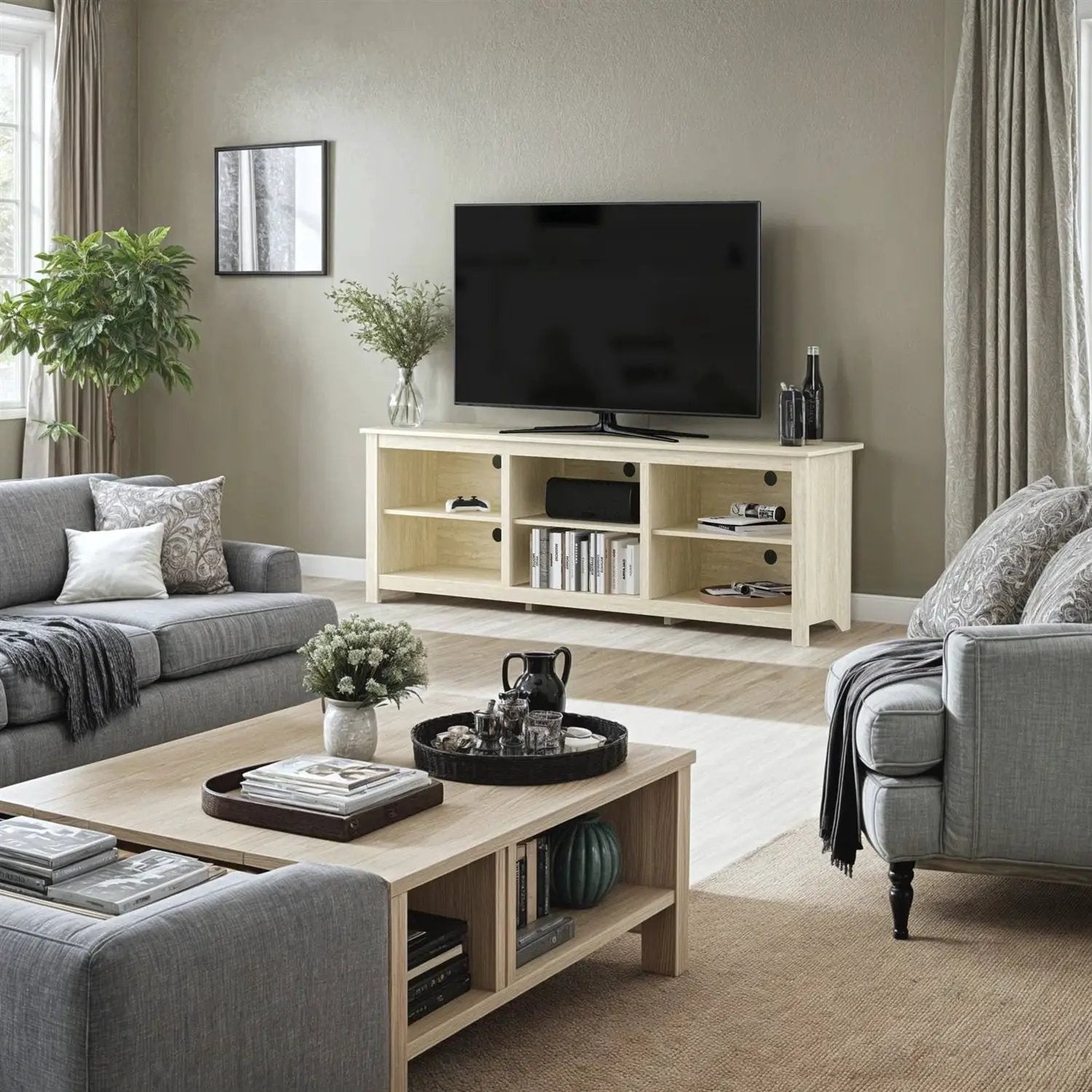 Farmhouse TV Stand in Light Travertine Wood Finish - for TVs up to 70-inch by HomePacific