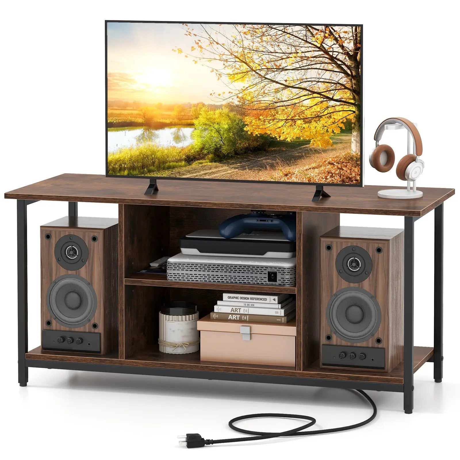 TV Stand Entertainment Center with Open Storage Shelves and Power Outlets to 50 Inches-Rustic Brown by DirectDeals