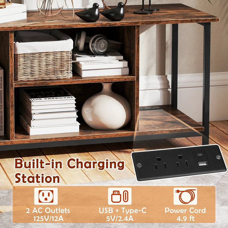 TV Stand Entertainment Center with Open Storage Shelves and Power Outlets to 50 Inches-Rustic Brown by DirectDeals