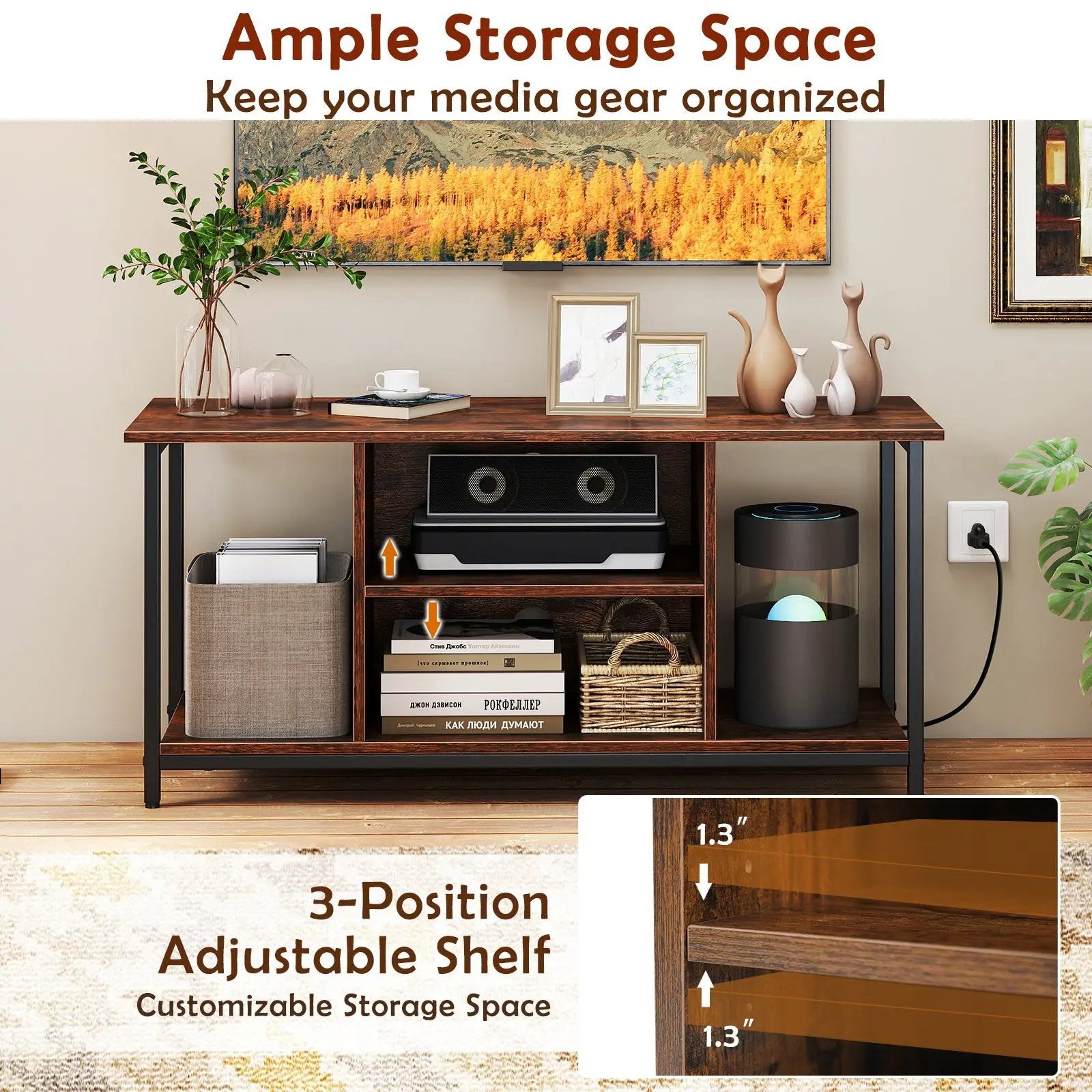 TV Stand Entertainment Center with Open Storage Shelves and Power Outlets to 50 Inches-Rustic Brown by DirectDeals