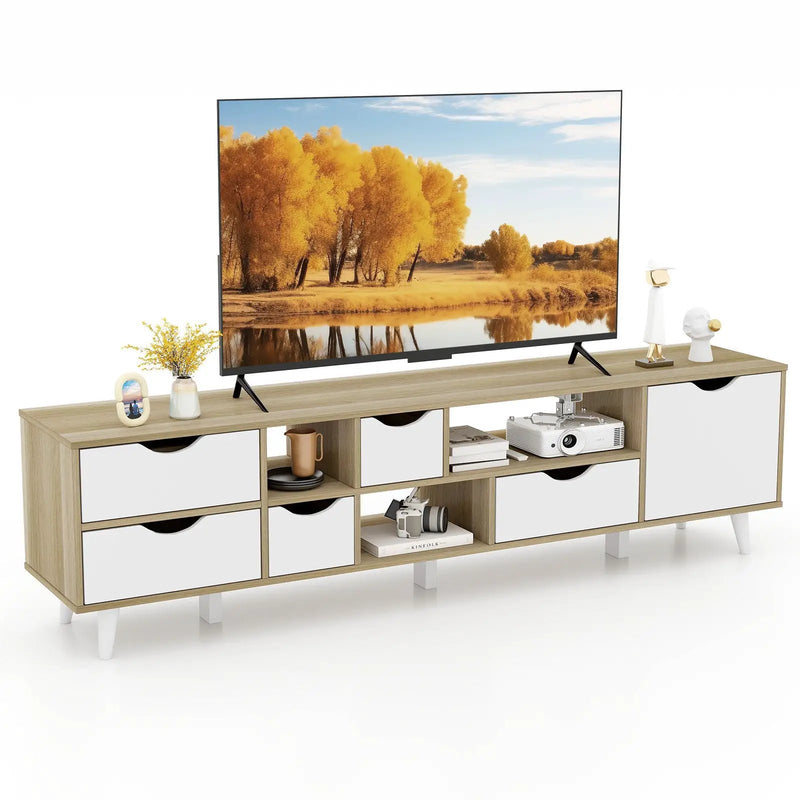 TV Stand for TVs up to 65” Television Cabinet w/ 5 Drawers & 3 Open Shelves-Oak by DirectDeals