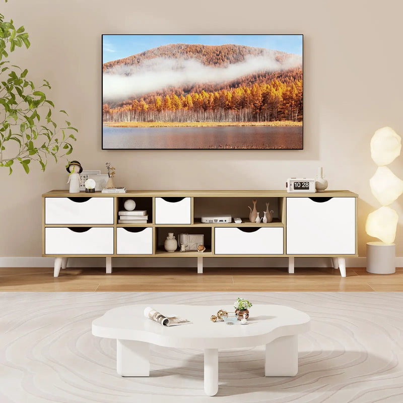 TV Stand for TVs up to 65” Television Cabinet w/ 5 Drawers & 3 Open Shelves-Oak by DirectDeals