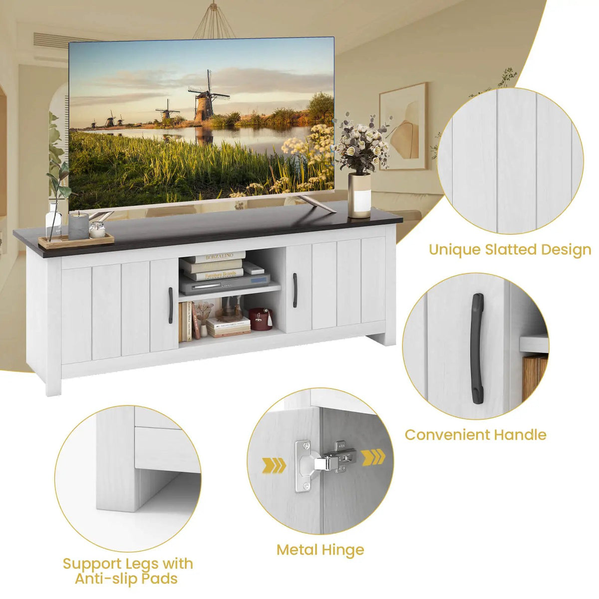 TV Stand with 2 Cabinets and Open Shelves for TVs up to 65 Inch by DirectDeals