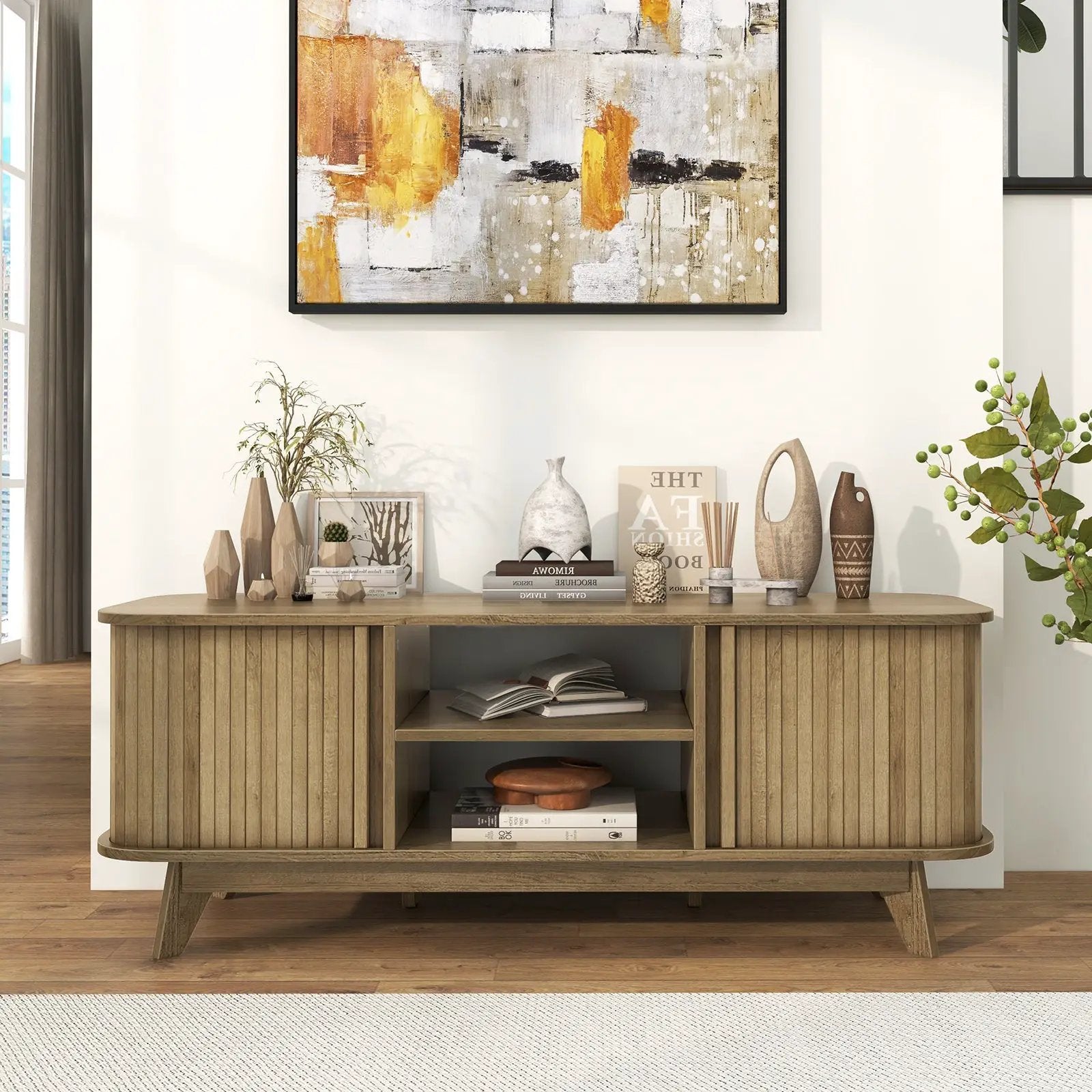 TV Stand for 55-Inch TV Media Console Table with Dual Sliding Doors-Oak by DirectDeals