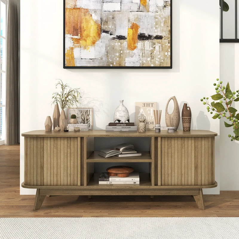 TV Stand for 55-Inch TV Media Console Table with Dual Sliding Doors-Oak by DirectDeals