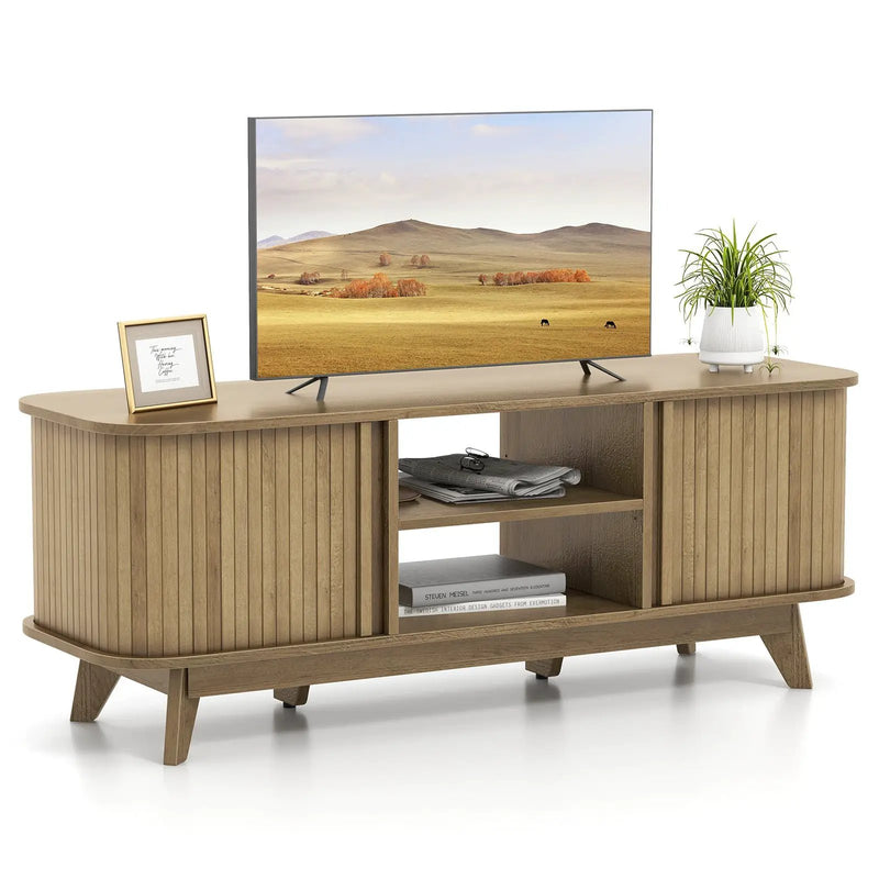 TV Stand for 55-Inch TV Media Console Table with Dual Sliding Doors-Oak by DirectDeals