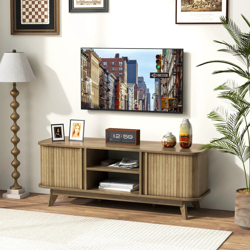 TV Stand for 55-Inch TV Media Console Table with Dual Sliding Doors-Oak by DirectDeals