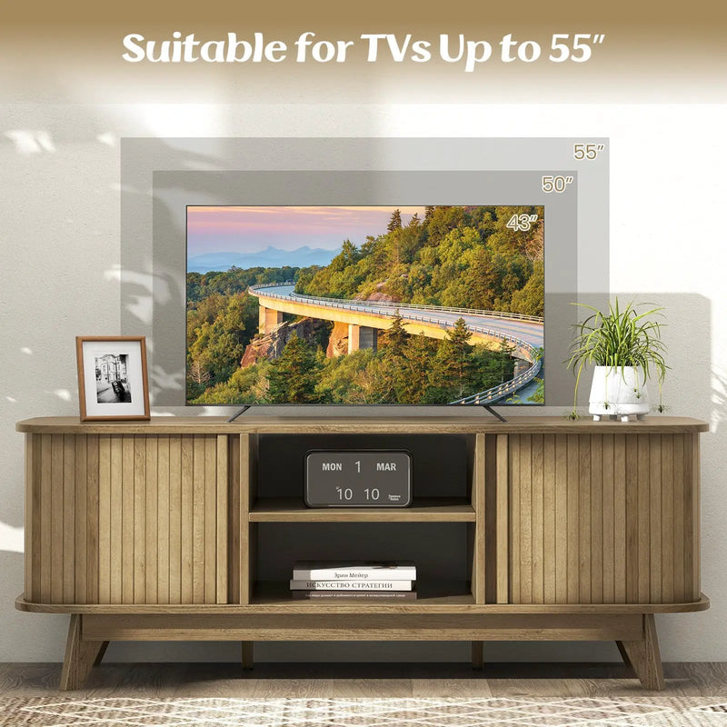 TV Stand for 55-Inch TV Media Console Table with Dual Sliding Doors-Oak by DirectDeals