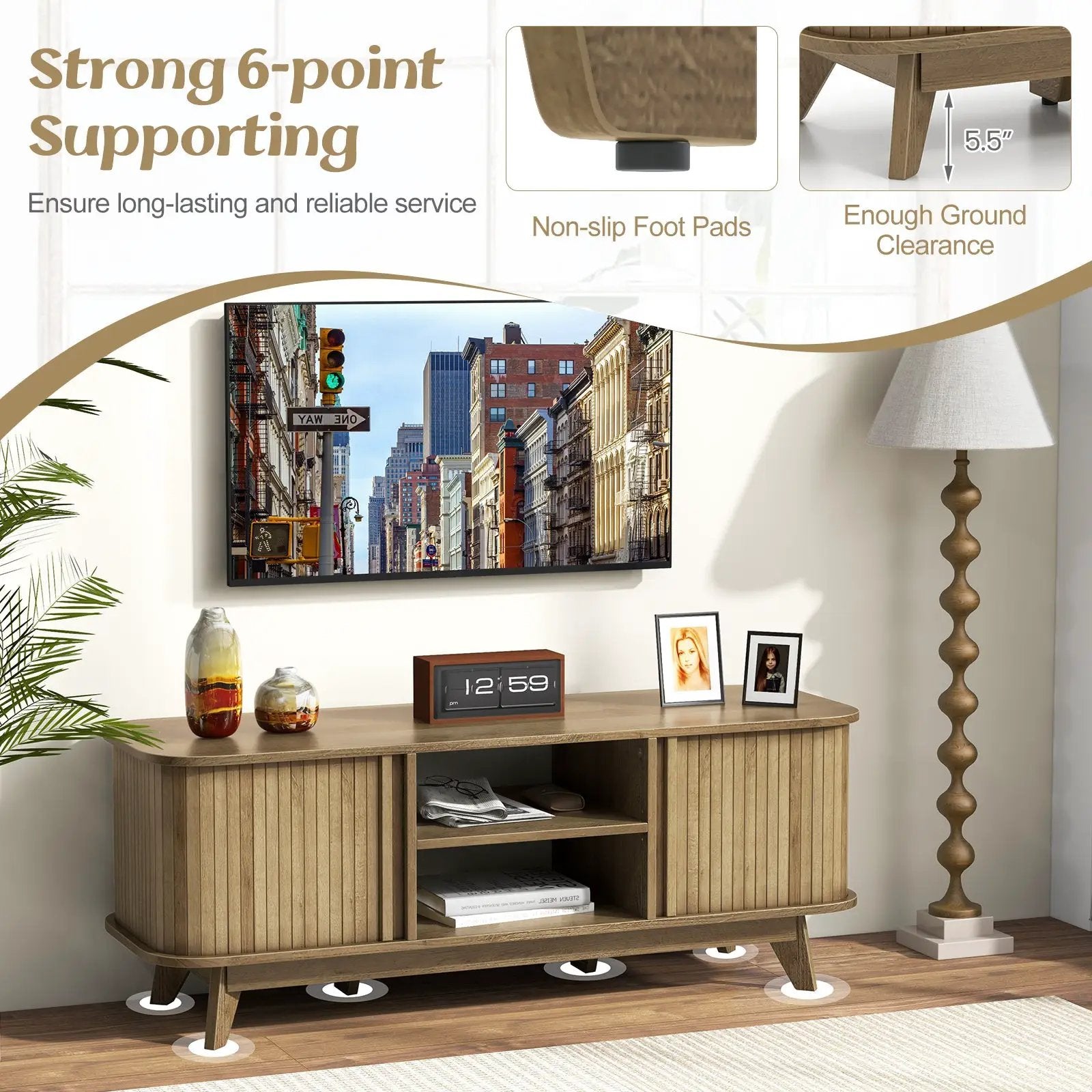 TV Stand for 55-Inch TV Media Console Table with Dual Sliding Doors-Oak by DirectDeals