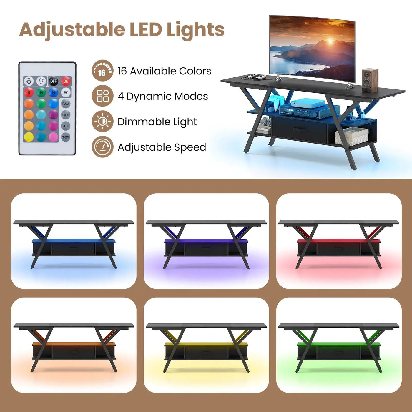 TV Stand for 65 Inch TVs with Power Outlets and LED Lights by DirectDeals