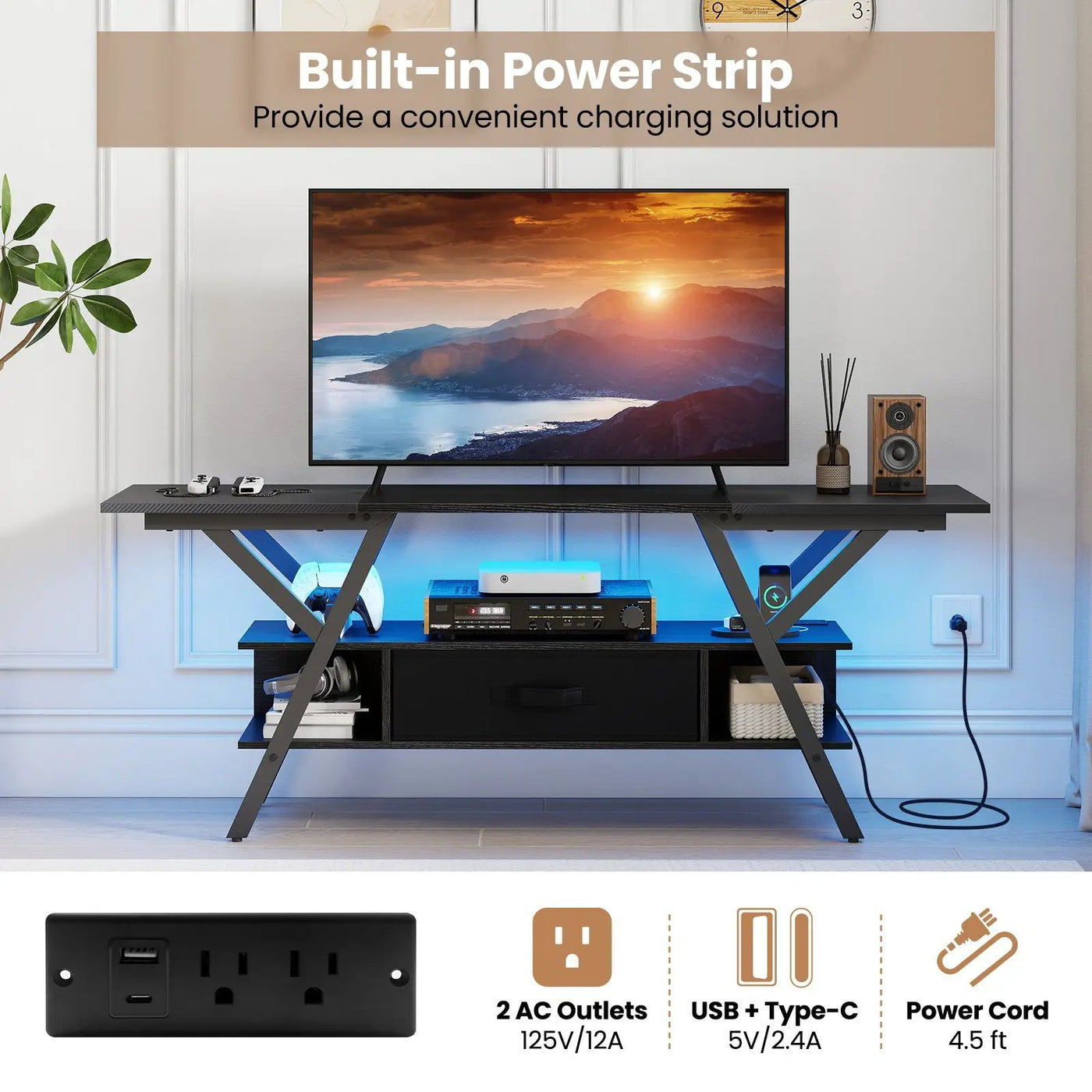 TV Stand for 65 Inch TVs with Power Outlets and LED Lights by DirectDeals